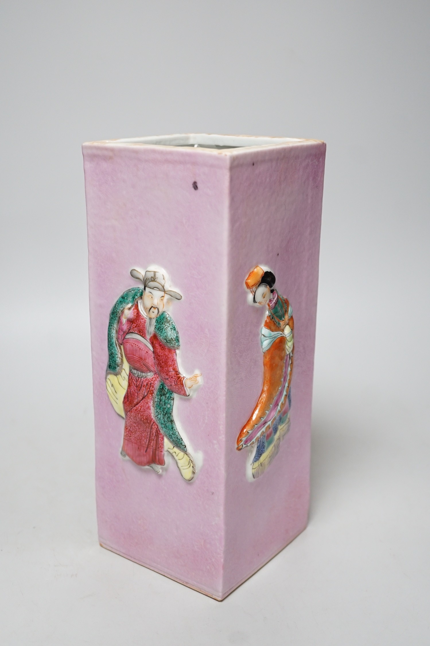 A Chinese pink ground famille rose square vase, 30cm